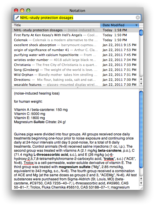 Screenshot of Notational Velocity.